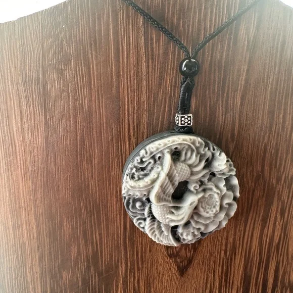 Tai Chi Stone Phoenix an Dragon Pendant Necklace on Black Adjustable Rope - Picture 6 of 13